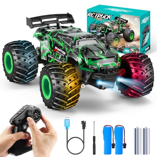 Remote Control Car, Rechargeable 1:18 Rc Cars, All-Terrain RC Truck | Remote Control Truck for Boys 4-7 8-12 with LED Light, 20KM/H, 2WD, 2.4GHz, Sturdy PVC Shell, Beginner-Green - color: Green
