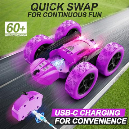 QUNREDA RC Cars, Purple Remote Control Car for Girls, 2.4 GHZ Double Sided RC Stunt Car 360° Rotating Remote Control Crawler with Headlights Car Toys for 6 7 8 9 10 11 12 Girls Birthday Gift - color: Purple