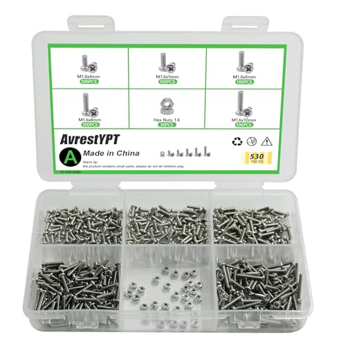 530Pcs 304 Stainless Steel Metric Micro Screws Nuts Assortment, M1.6x4/5/6/8/10mm Sizes, Phillips Pan Head, Fully Threaded Kit for Arduino, RC Models, Electronics, DIY Projects - size: M1.6x4/5/6/8/10-530Pcs