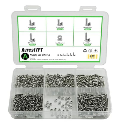 530Pcs 304 Stainless Steel Metric Micro Screws Nuts Assortment, M1.6x4/5/6/8/10mm Sizes, Phillips Pan Head, Fully Threaded Kit for Arduino, RC Models, Electronics, DIY Projects - size: M1.6x4/5/6/8/10-530Pcs