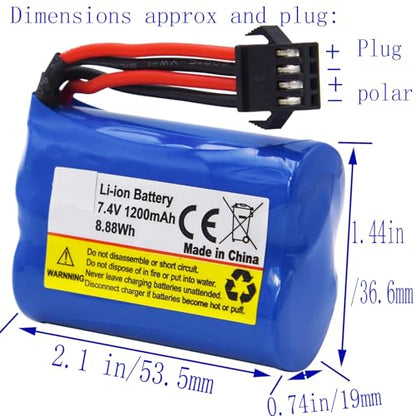 Blomiky 2 Pack 7.4V 1200mAh Li-ion Rechargeable Battery with SM-4P Connector Plug and USB Cable Replacement fit for HONGXUNJIE HJ808 HJ823 2.4GHz RC Boat / HJ808