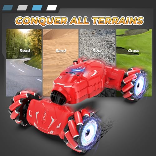 RC Stunt Cars Gesture Sensing Remote Control Car for Boys Gifts Toys, Red | 2.4Ghz Hand Controlled Car with Lights Music Sprayer, 360° Rotation, Drift, 4WD Off-Road, Birthday Xmas Gifts Toys for Kids - color: Red