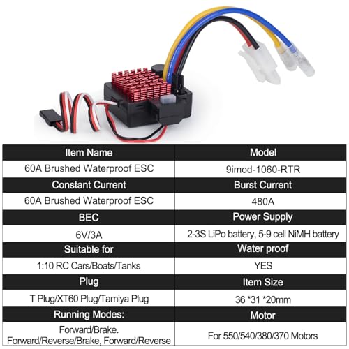 2-3s 60A Brushed ESC Waterproof Electronic Speed Controller with Switch Mode BEC for 1/10 Scale RC Crawler Car Trucks Upgrade (Tamiya Plug) - style: Tamiya Plug