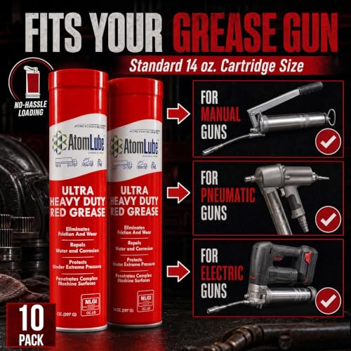 AtomLube Ultra Heavy Duty Red Grease, 10-Pack of 14 oz Tubes | High Temp Waterproof NLGI# 2 Lithium Wheel Bearing Grease for Trucking, Automotive, Trailers, & Agricultral Equipment - size: 10-Pack