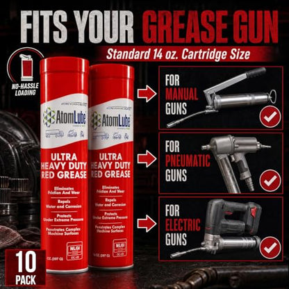 AtomLube Ultra Heavy Duty Red Grease, 10-Pack of 14 oz Tubes | High Temp Waterproof NLGI# 2 Lithium Wheel Bearing Grease for Trucking, Automotive, Trailers, & Agricultral Equipment - size: 10-Pack