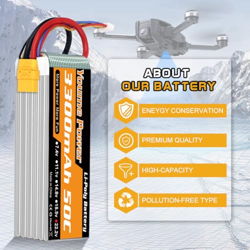 Yourme 6S LiPo Battery 22.2V 3300mAh 50C XT90 2Packs for RC Car Drone Boat | 2pcs 6S Lipo Soft Case 22.2V 3300mAh 50C XT90 Plug for RC airplane helicopter quadcopter drone truck boat, high performance