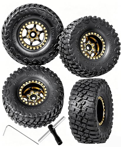 RC Full Brass 1.0 Beadlock Wheel Rim & Wheels Tires for 1/18 1/24 Trx4m SCX24 FCX24 RC Crawler Car,4PCS (1.0 Inches) Wheel Rim & Wheels Tires(Black-A)
