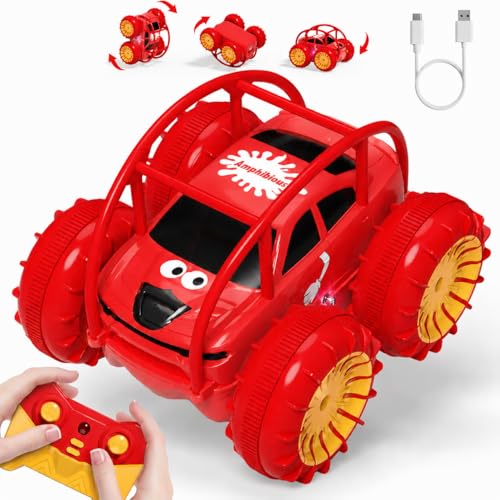 Remote Control Car, Fast Direct Charging RC Cars Amphibious 360° Rotating LED Rechargeable Stunt Car 2.4Ghz 4WD All Terrain RC Race Cars Toy Christmas Birthday Gift for Kids Boys Girls Aged 3-12 years - color: Red