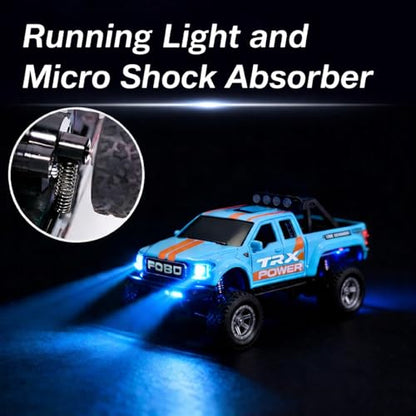 Mini RC Truck, 1/64 Scale Alloy Monster Truck Remote Control Car | 2.4GHz Control, LED Lights, 3-Speed Settings, Cruise Control,Adjustable Steering, Indoor Outdoor Toy for Kids Adults - color: Blue