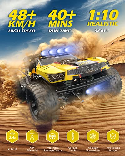DEERC 9201E 1:10 RC Truck for Adults & Boys, 48 KPH 4WD Short Course RC Car | Functional Spare Tire, LED Lights, Metal Dog Bone, 2 Batteries, 40 Min, Hobby Grade All Terrain Remote Control Truck