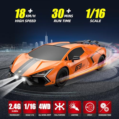 RC Drift Car 2.4GHz, Drifting RC Cars 1/24 4WD Drift Car Fast Remote Control Vehicle with LED Lights and Drifting Tires Racing Sport Toy Cars for Adults Boys Girls Kids - color: Orange+bk