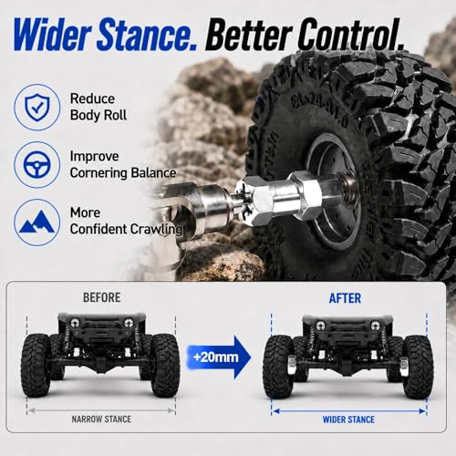 4PCS 12mm Hex Hub 20mm Aluminum Extension Hex for Axial SCX10 D90 90046 | 20mm CNC Wheel Hex Extenders for 1/10 RC Crawlers Redcat Gen7/Gen8 CC01 RC4WD Wider Stance & Tire Clearance with M4 Nuts Pins - color: Sliver