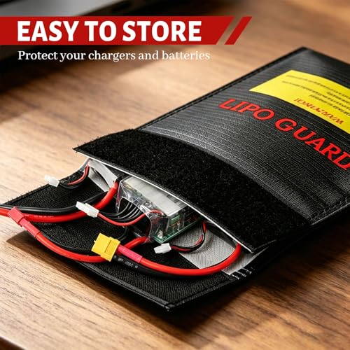 4 Pack Lipo Safe Bag for Battery Storage and Charging, Black Double Layer High-Density Fabric Protective Pouch with Hook-and-Loop Closure, Portable Organizer for Phone, Cards, Cash and Travel (Black)