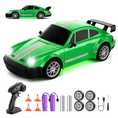 RC Drift Car 1:24 Scale, 4WD Remote Control Car with LED Lights 20KM/H High Speed, Dual-Mode Racing & Drifting Toy Car with 2 Batteries, Gift for Kids & Adults, Green - color: Green