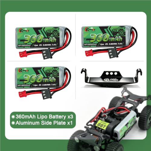 3PCS 7.4V Lipo Battery 2S 360mAh PH2.0 Plug Rechargeable Lithium Battery with RC Battery Aluminum Side Plate for RC Axial SCX30 Upgrade Crawler Car Trucks - color: 3pcs 360mAh, w/ battery tray