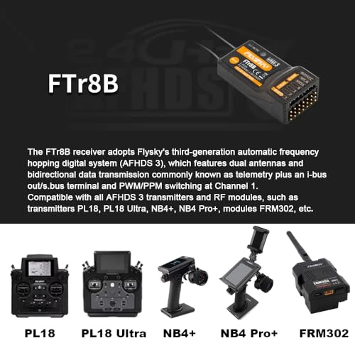 GoolRC Flysky FTr8B Receiver, 2.4GHz 8CH Dual Antenna Receiver with PWM/PPM/i.Bus/S.Bus Output Compatibility with AFHDS 3 Transmitters and RF Modules PL18/PL18 Ultra/NB4+/NB4 Pro+ for RC Car Boat