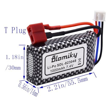 Blomiky 2 Pack 7.4V 1000mAh 7.4Wh 30C Lipo Battery T Plug Suitable for Haiboxing 18859E 18858 16890A and Q903 RC Trucks / Q903 Battery only