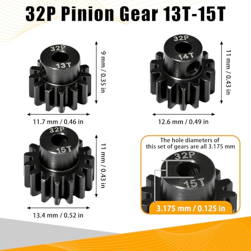 3PCS 32P Pinion Gear #45 Hardened Steel 3.175mm - 13T 14T 15T 0.8M Motor Pinion Gear Set for 1/10 RC Car, Compatible with Traxxas Arrma Tamiya Losi Brushless Brushed Motor Upgrade Parts - size: 13 14 15T