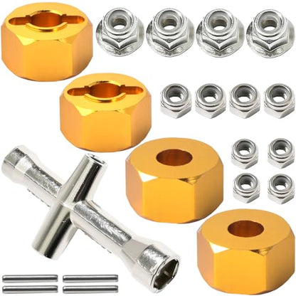 12mm Hex Wheel Hubs w/Axle Pins M4 Flange Lock Nut Standard M3 M4 Nut 5mm Thickness Aluminum Wheel Drive Adapter Replacement of 1654 for RC Traxxas 1/10 Slash 4x4, Stampede 4WD - color: Gold