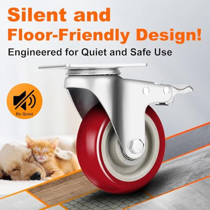 2 Inch Plate Caster Set of 4, PU Swivel Wheel with Dual Brakes | Smooth 360° rotation,dual locking brake,silent PU wheels - color: Red, size: 2 IN