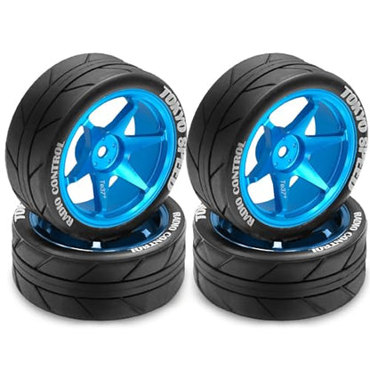 1/10 RC On Road Tires OD 65mm and Aluminum Street Wheels 12mm Hex Touring Tyres for 1:10 Rally Racing Drift Car Tamiya TT01 TT02 XV01 HPI KYOSHO HSP PTG2 Traxxas TA06 A959 PTG2 (Blue) - color: Blue