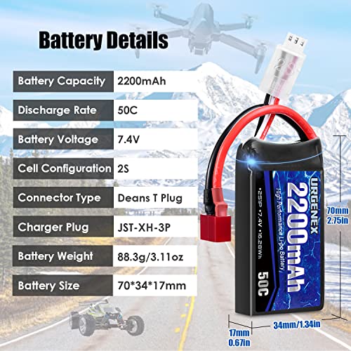 7.4V 2200mAh Lipo Battery 50C(Burst 80C) High Discharge Rate RC Batteries with Dean-Style T Plug Fit for RC Car Truggy, RC Airplane, FPV Drone, UAV Quadcopter and Helicopter