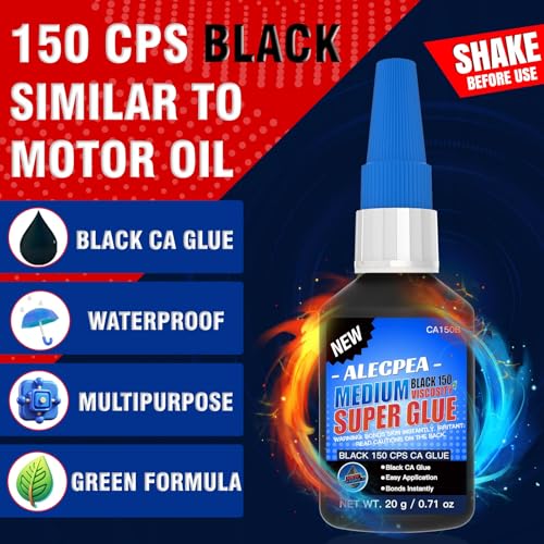 Black CA Glue 20g 150CPS Medium Super Glue for Wood & Leather | Cyanoacrylate adhesive for glass, metal, ceramic, rubber, jewelry, woodworking, hobby models and DIY crafts, Medium 150 CPS
