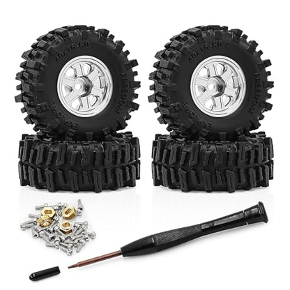 0.7 Inch RC Crawler Tires and Wheels Set 40×16mm for 1/30 Scale Axial SCX30 (Silver) - color: Silver