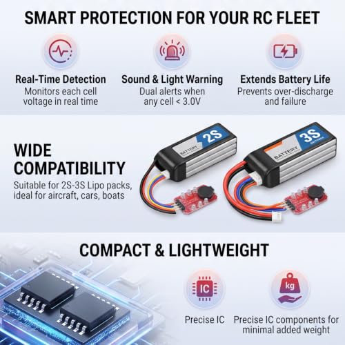 5PCS Lipo Battery Low Voltage Alarm Tester with Loud Buzzer LED for 2S 3S RC Drone Portable