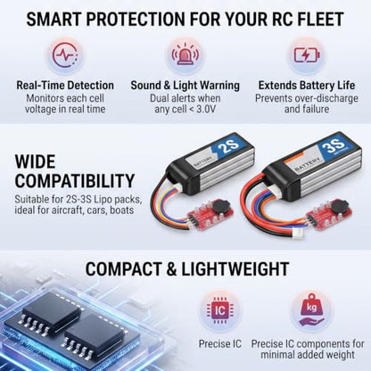 5PCS Lipo Battery Low Voltage Alarm Tester with Loud Buzzer LED for 2S 3S RC Drone Portable