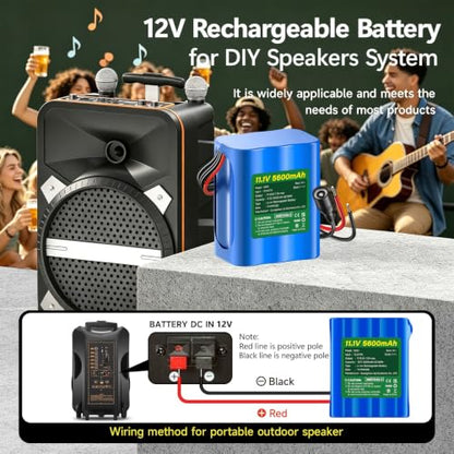 CITYORK 12V Lithium Battery 5600mAh with Charger, Bare-Leads, Cable Connector, 12V Rechargeable Battery for DIY Projects, Speaker Box, RC Car, LED Light Strip, CCTV Camera, etc (9-12.6V)