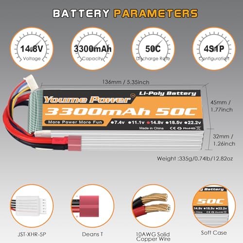 Lipo 4S Battery 14.8v 3300mAh 50C T Plug for RC Airplane Drone Boat 2 Packs | 14.8V 3300mAh soft case lipo pack 50C T Plug for RC car truck quadcopter model. 2 batteries for extended running time - style: 2x 14.8V 3300mAh