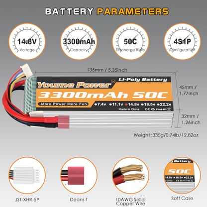 Lipo 4S Battery 14.8v 3300mAh 50C T Plug for RC Airplane Drone Boat 2 Packs | 14.8V 3300mAh soft case lipo pack 50C T Plug for RC car truck quadcopter model. 2 batteries for extended running time - style: 2x 14.8V 3300mAh