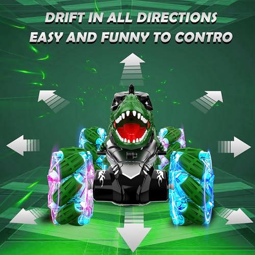 RC Dinosaurs Monster Truck, Hand Controlled Remote Control Twist Cars | Gesture Sensing RC Stunt Car with Lights, Music & Spinning Stunt, Dinosaur Toy Gift for Kids Boys Girls Age 6 7 8 9 10 11 12 - color: Black Green