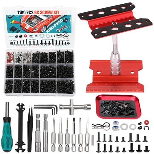 RC Car Repair Work Stand, 1100pcs RC Screw Kit and Vehicle Scale Accessories for Traxxas Axial Redcat Arrma HPI HSP SCX10 RC4WD 1/8 1/10 1/12 1/16 Scale RC Crawler Truck Buggy Car - color: Red