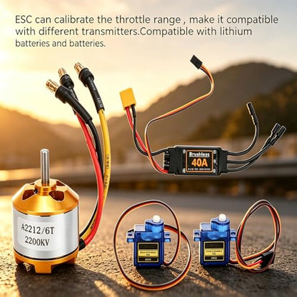 RC Plane Motor Kit, SG90 Servo 2212 KV2200 Brushless Motor 6035 Propeller RC Remote Control Aircraft 40A XT60T Fixed Wing Plane for RC Plane Helicopter