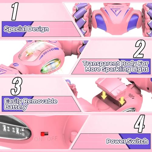 RC Stunt Car, 2.4GHz 4WD Gesture Sensing Remote Control Car, RC Twist Cars with Spary & Light & Music, Double-Sided 360° Rotating (Pink)