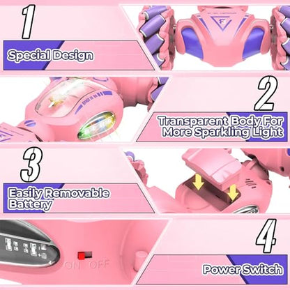 RC Stunt Car, 2.4GHz 4WD Gesture Sensing Remote Control Car, RC Twist Cars with Spary & Light & Music, Double-Sided 360° Rotating (Pink)
