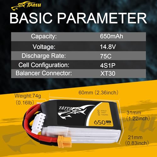 TATTU 650mAh 4S1P 75C 14.8V Lipo Battery with XT30 Plug(2 Pcs) - size: 2 Pcs