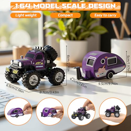 Snugzy Mini RC Car 1:64 Scale RC Truck for Kids with Trailer 2.4Ghz Remote Control Rechargeable RC Cars Toy Gifts for Boys Girls Adult (Purple) - color: Purple