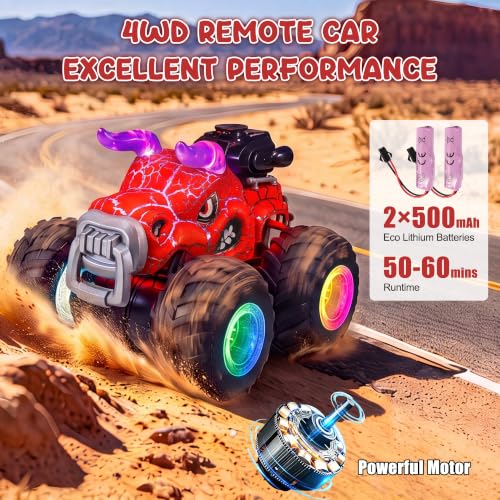 Remote Control Monster Truck Toys - 1000mAh Battery RC Stunt Car (Red) | 2.4GHz Remote Control, Flat & Upright 360° Spins, Trucks for Kids Ages 4-12, Birthday & Holiday Gifts for Boys & Girls - color: Red