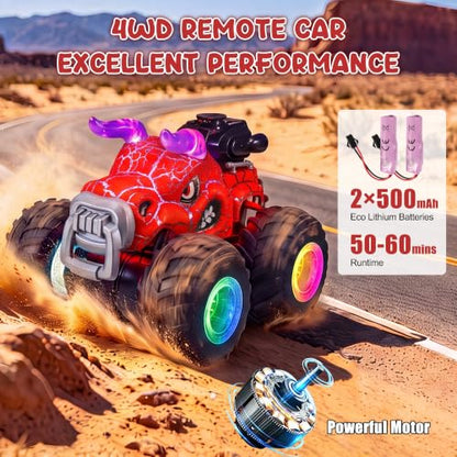 Remote Control Monster Truck Toys - 1000mAh Battery RC Stunt Car (Red) | 2.4GHz Remote Control, Flat & Upright 360° Spins, Trucks for Kids Ages 4-12, Birthday & Holiday Gifts for Boys & Girls - color: Red