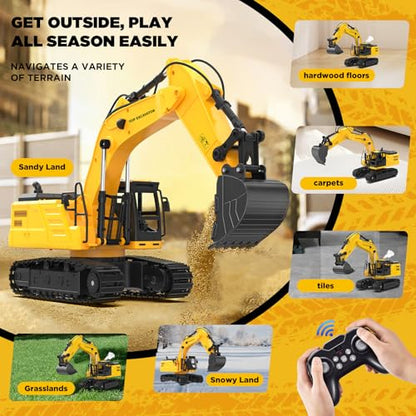 1:18 Metal RC Excavator Toy for Kids | 11-Channel Remote Control Construction Vehicle with Water Spray, Lights & Sounds, Dual 100-Min Batteries, 2026 New STEM Engineering Toy for Boys Ages 6-12 - style: Excavator[2026 Upgrade]