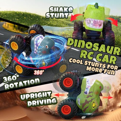 Drefirsa Remote Control Car for Boys 4-7 8-12, Dinosaur Monster Truck Toys with 50min+ Runtime, Spray, LED Light, 360° Rotating & 90° Driving, RC Stunt Car for Kids Birthday | 50min+ Runtime,Stunt, Spray, LED Light, Rotating, Upright Driving, RC Stunt Car