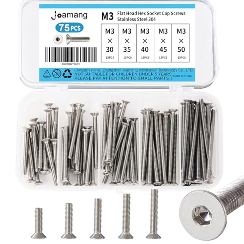 M3 x 30mm 35mm 40mm 45mm 50mm Flat Head Hex Socket Cap Screws Countersunk Bolts, Stainless Steel 304, Metric Allen Hex Drive, Bright Finish, Fully Threaded, Assortment Kit 75PCS - size: M3x30/35/40/45/50 mm