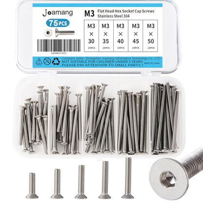 M3 x 30mm 35mm 40mm 45mm 50mm Flat Head Hex Socket Cap Screws Countersunk Bolts, Stainless Steel 304, Metric Allen Hex Drive, Bright Finish, Fully Threaded, Assortment Kit 75PCS - size: M3x30/35/40/45/50 mm