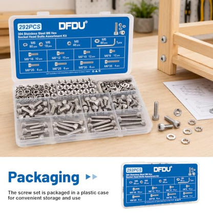 292PCS M3 Hex Socket Head Cap Screw Assortment Kit 304 Stainless Steel | Metric Machine Bolts and Nuts, Flat & Spring Washers, M6x8/10/12/16/20/25/30/35 mm for 3D Printer, RC Car, Drones, DIY Repair - size: SS M6 292PCS