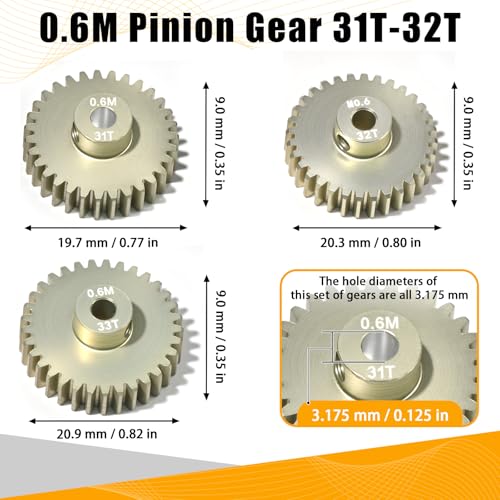 3PCS 0.6 Mod 0.6M Pinion Gear Set 31T 32T 33T, 7075 Aluminum Alloy RC Gears with 3.175mm Bore for 540 550 Brushed Brushless Motors, Fits for 1/10 Tamiya Redcat HSP HPI RC Cars - size: 31 32 33T