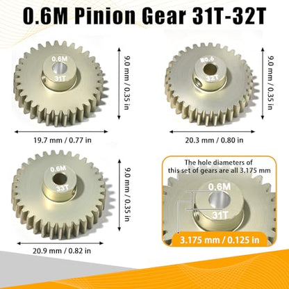 3PCS 0.6 Mod 0.6M Pinion Gear Set 31T 32T 33T, 7075 Aluminum Alloy RC Gears with 3.175mm Bore for 540 550 Brushed Brushless Motors, Fits for 1/10 Tamiya Redcat HSP HPI RC Cars - size: 31 32 33T