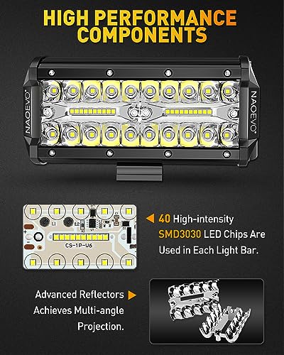 NAOEVO 7 Inch LED Light Bar, 480W 48,000LM LED Off Road/Fog Lights, 4 Pcs | Spot Flood Combo Waterproof LED Tractor Lights, Aluminum LED Work Lights with Bracket for Truck, Tractor, Boat, ATV, UTV - size: 4 Pcs
